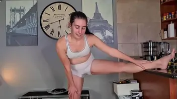 Pissing in my white tights while doing yoga stretches